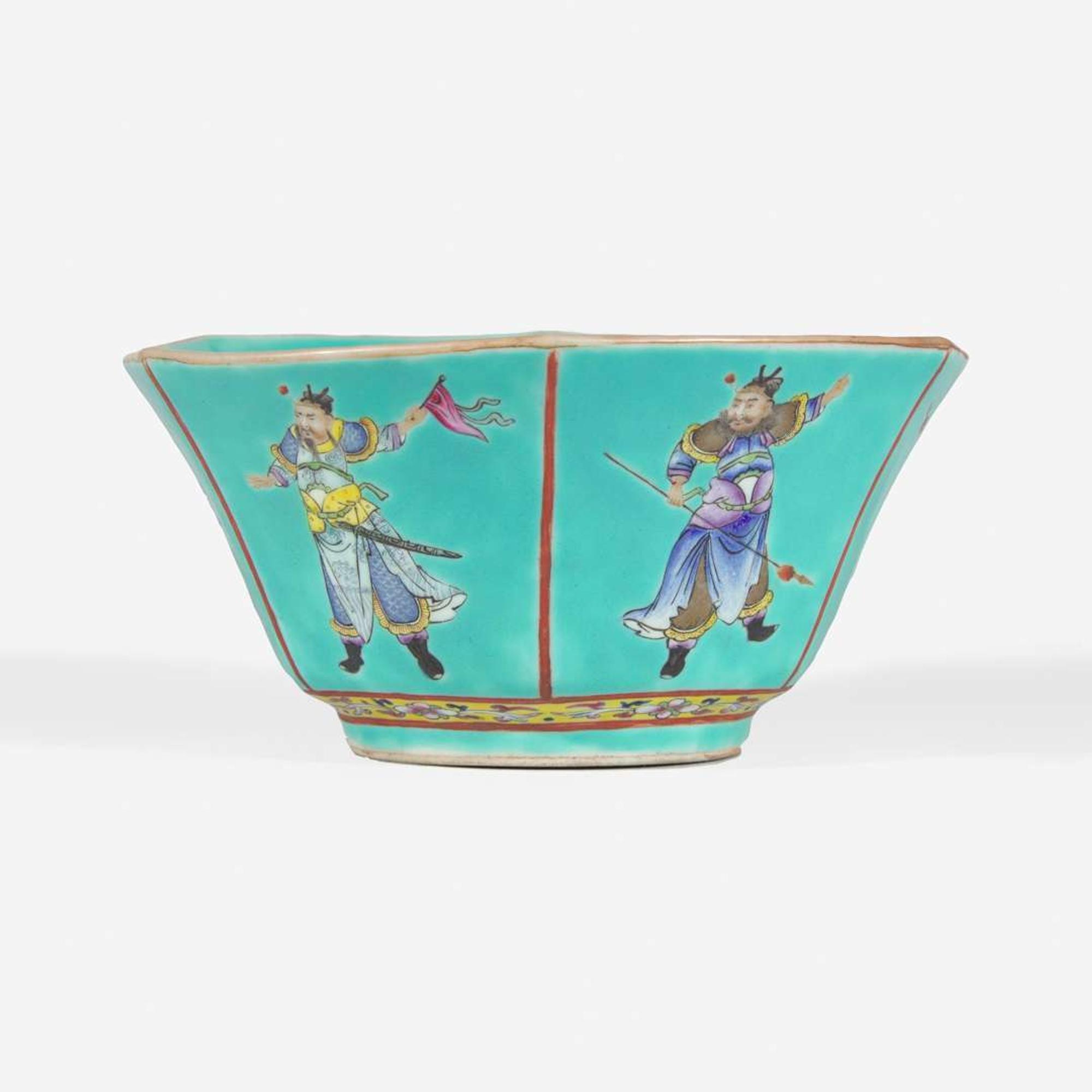A Chinese turquoise ground "Six Heroes" porcelain bowl 松石绿釉粉彩人物碗