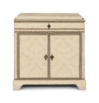 A Cream Damask-Upholstered And Painted Lift-Top Cabinet