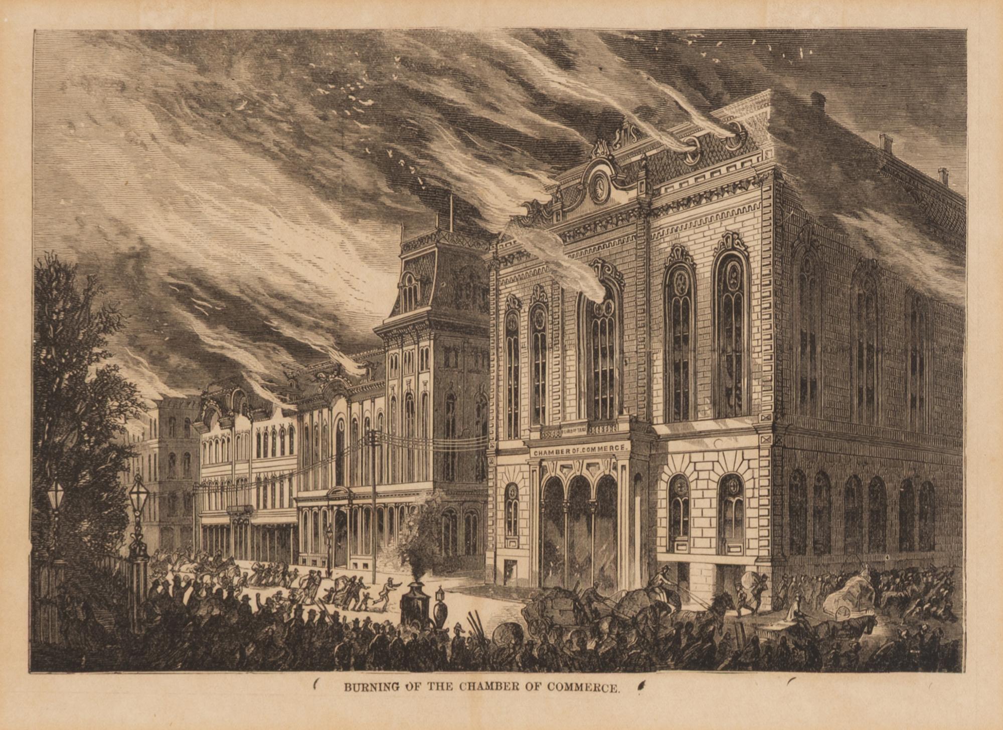 [Chicago Fire]. A group of 10 prints and 2 paintings, showing views of Chicago before and after the Great Fire, including:
