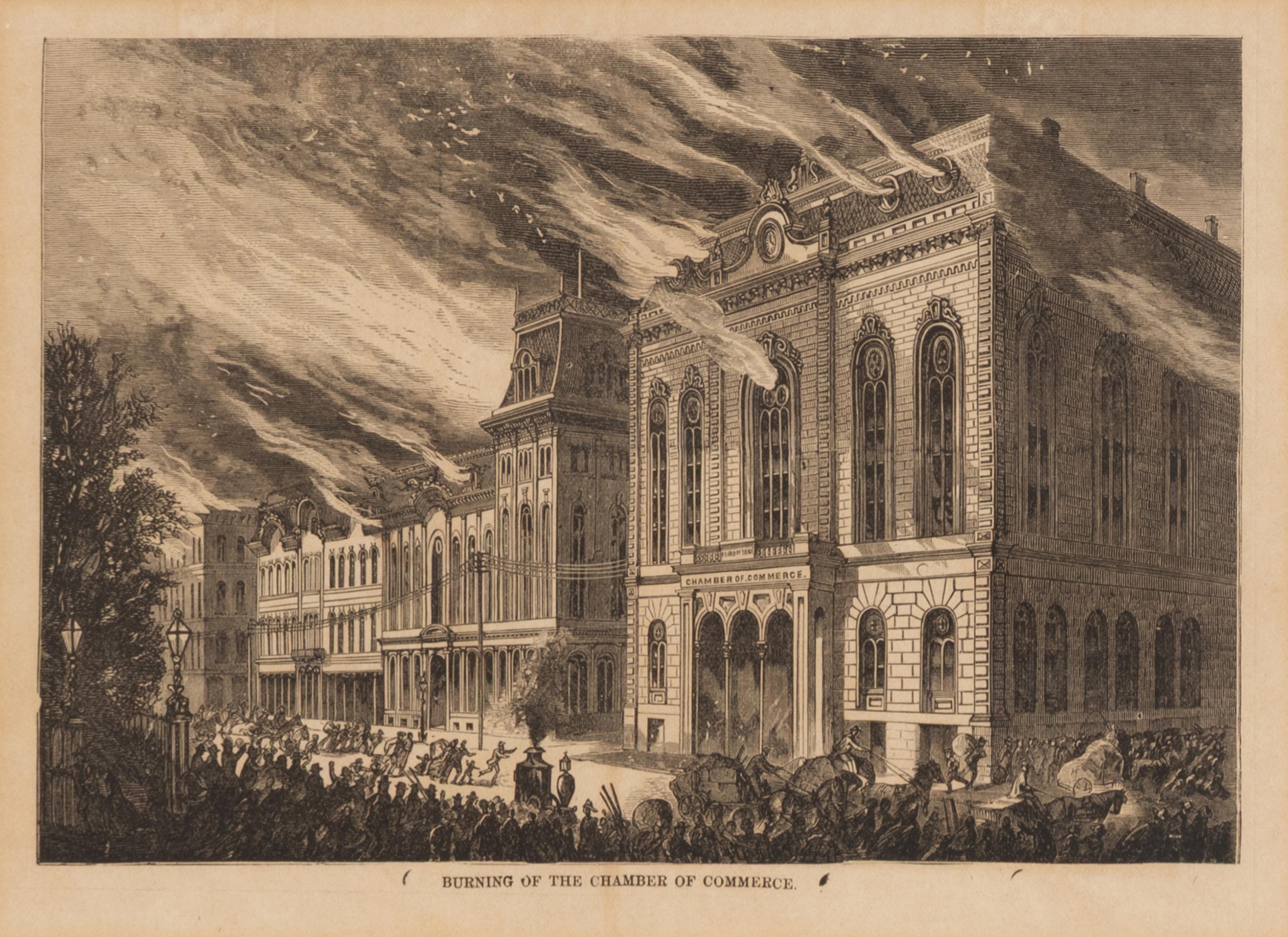 [Chicago Fire]. A group of 10 prints and 2 paintings, showing views of Chicago before and after the Great Fire, including: