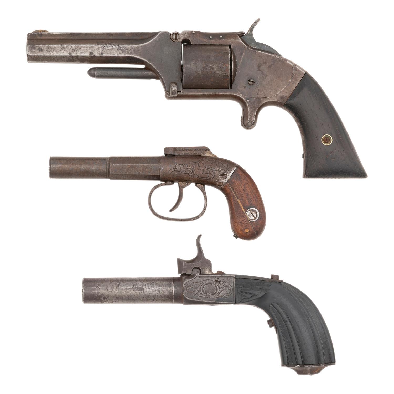 3 Antique Pistols: S&W No 2 Revolver, Manhattan Bar Hamer Single Shot, Continental Percussion Single Shot Pocket Pistol