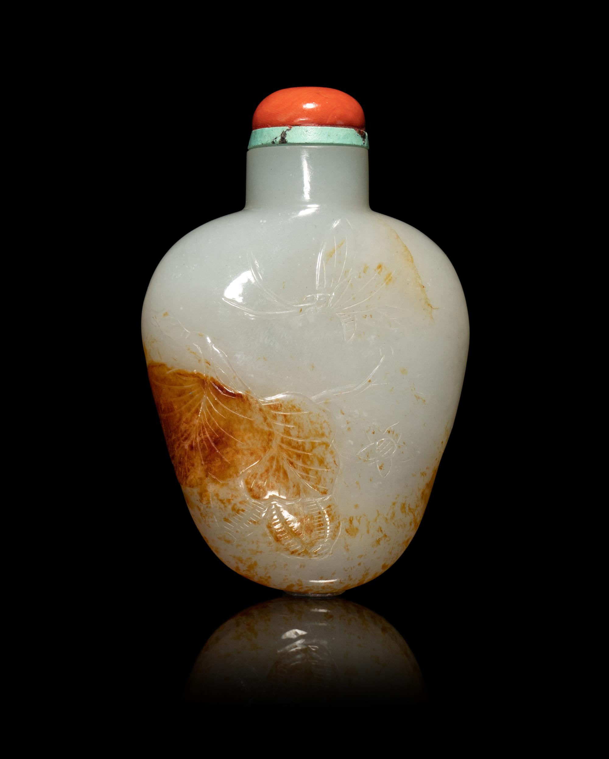 A Chinese Russet and White Jade 'Butterfly' Snuff Bottle