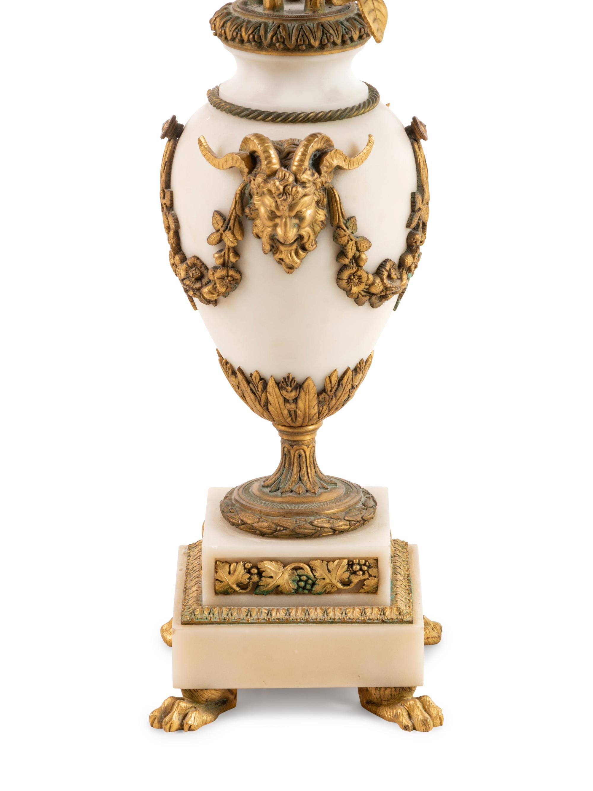 A Pair of Louis XV Style Gilt Bronze Mounted White Marble Five-Light Candelabra