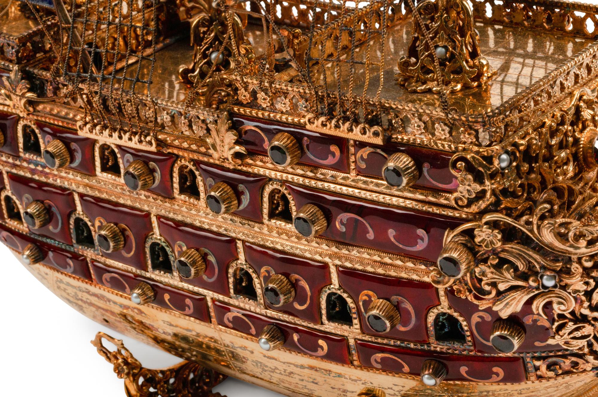 A Continental Jeweled Silvergilt and Enamel Model of a Galleon