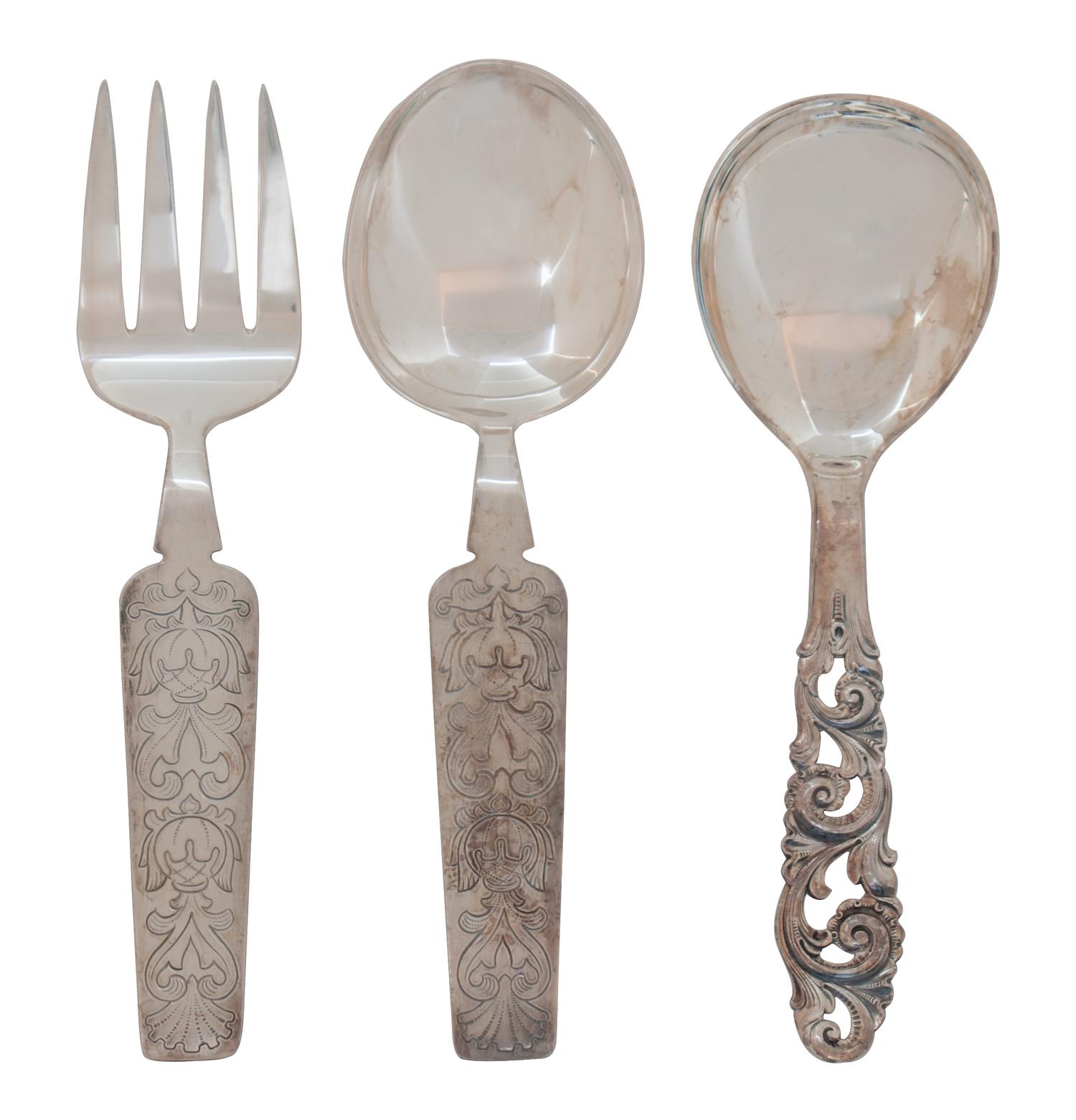 Three Norwegian .830 Silver Flatware Servers, Various makers, comprising a David Andersen salad fork and spoon with engraved handles, a