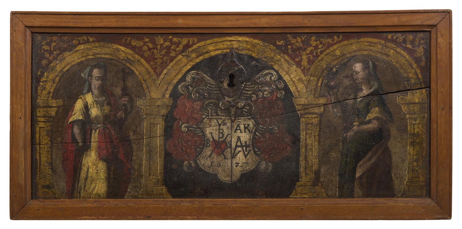 A Renaissance Wrought-Iron Mounted Painted Oak Chest Panel