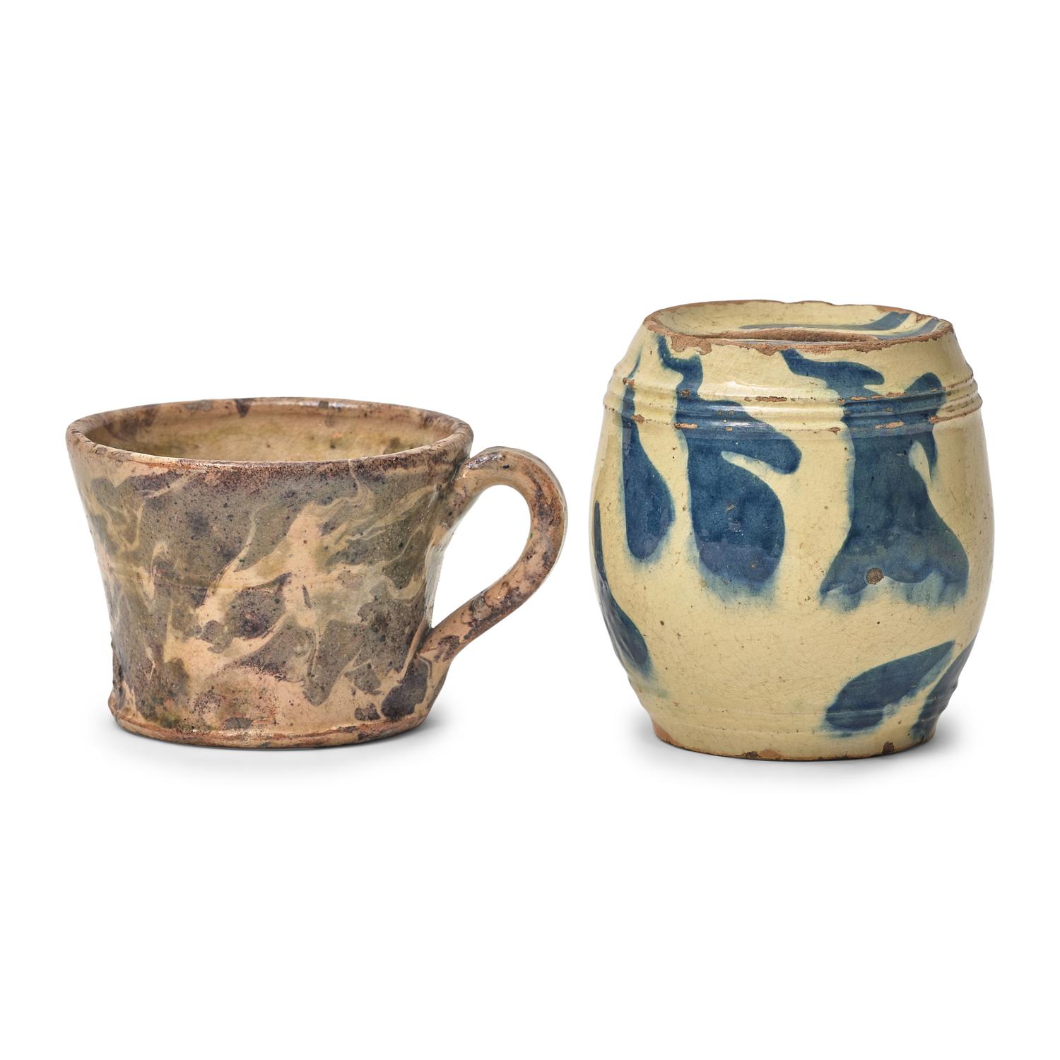 A Slip-Decorated Redware Bank and Mug