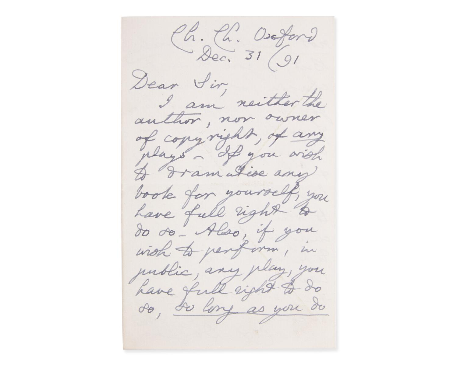 Carroll, Lewis (Charles Lutwidge Dodgson). Autograph Letter, signed