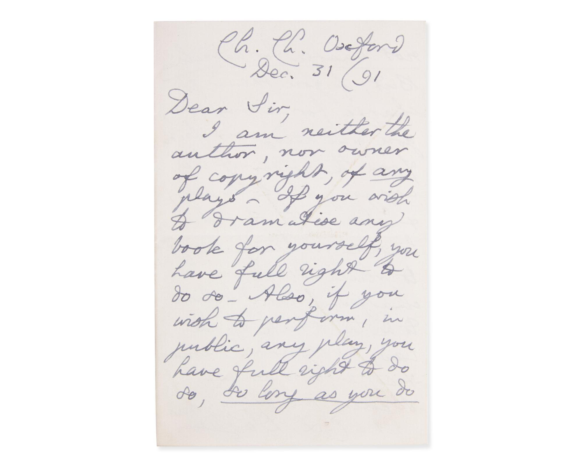 Carroll, Lewis (Charles Lutwidge Dodgson). Autograph Letter, signed