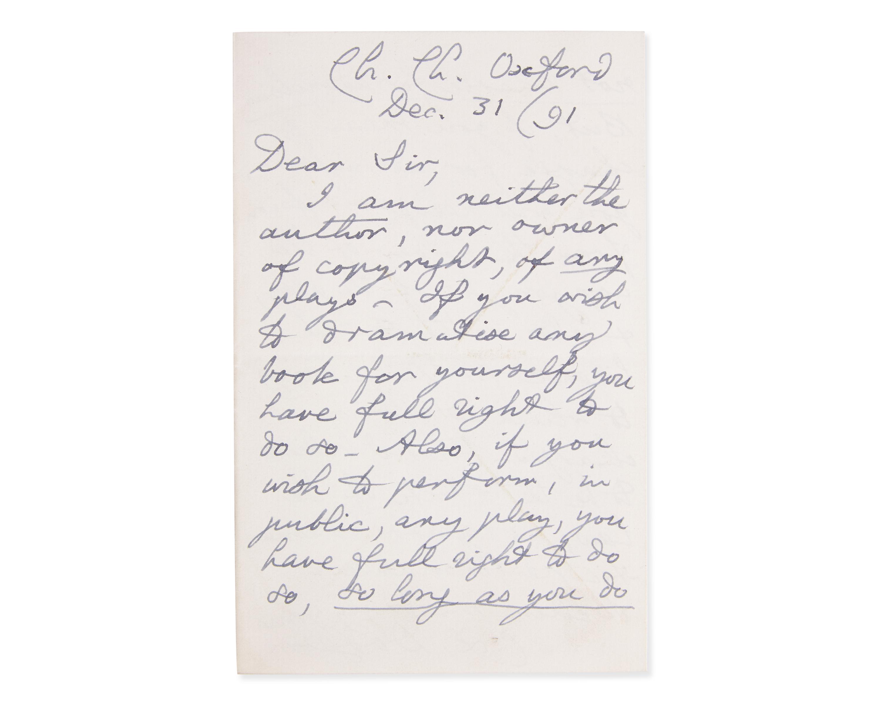 Carroll, Lewis (Charles Lutwidge Dodgson). Autograph Letter, signed