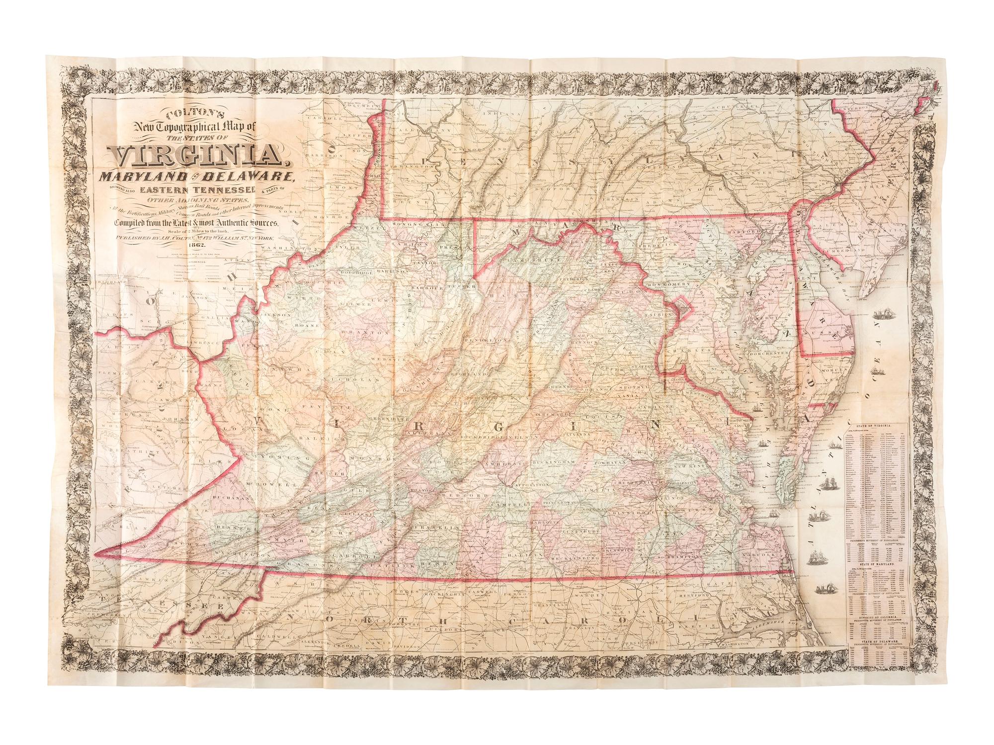 [MAPS & ATLASES]. COLTON, J.H. (1800-1893). Colton's New Topographical Map of The States Of Virginia, Maryland and Delaware, Showing Also Eastern Tennessee & Parts Of Other Adjoining States. New York: Colton, 1862.
