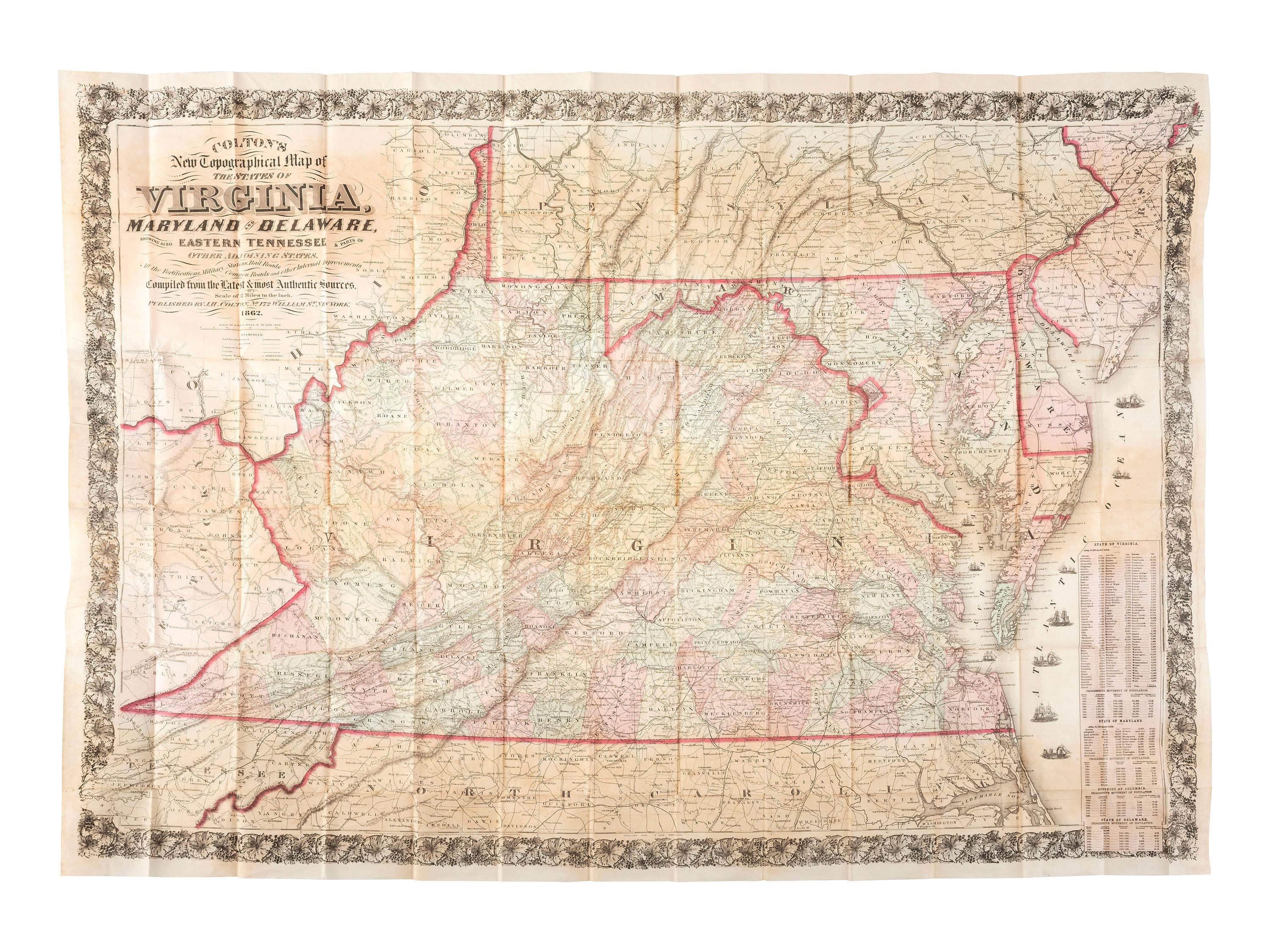 [MAPS & ATLASES]. COLTON, J.H. (1800-1893). Colton's New Topographical Map of The States Of Virginia, Maryland and Delaware, Showing Also Eastern Tennessee & Parts Of Other Adjoining States. New York: Colton, 1862.