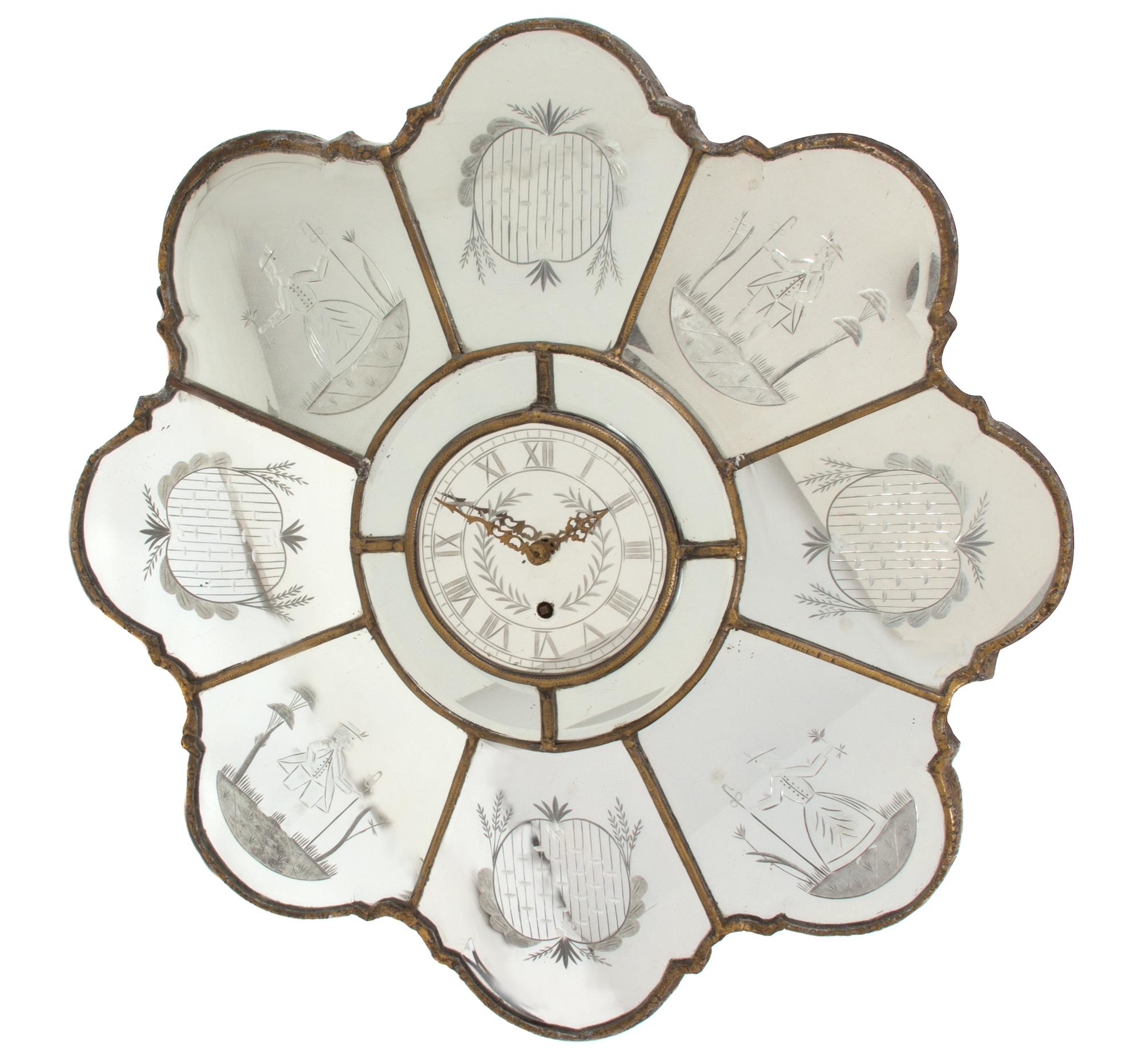 A Venetian Glass Etched Mirror Clock Diameter 24 inches. — 20TH CENTURY