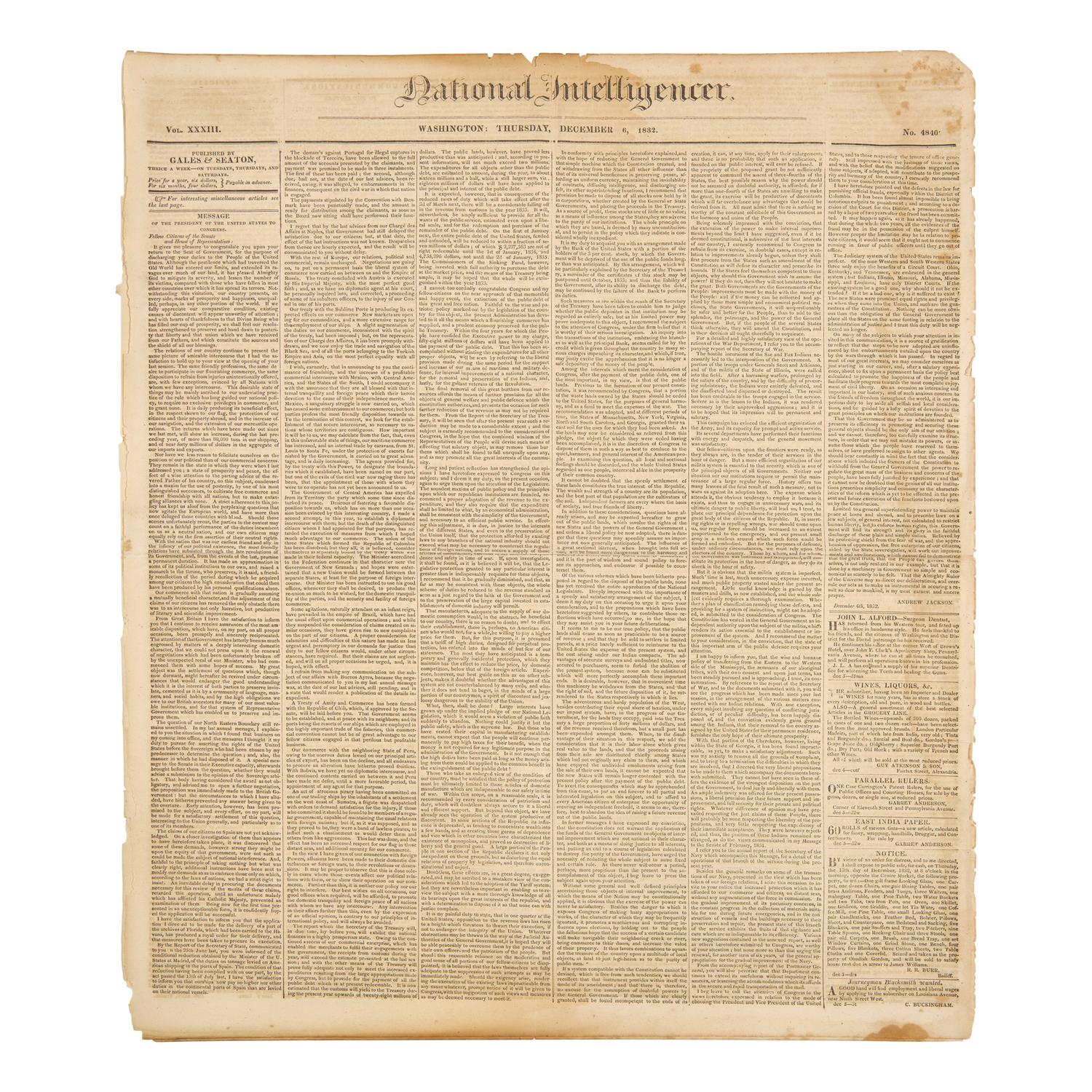 [Jackson, Andrew] Group of 2 Newspapers, Reporting on Jackson's Victory Over the British at New Orleans and His Fourth State of the Union Address