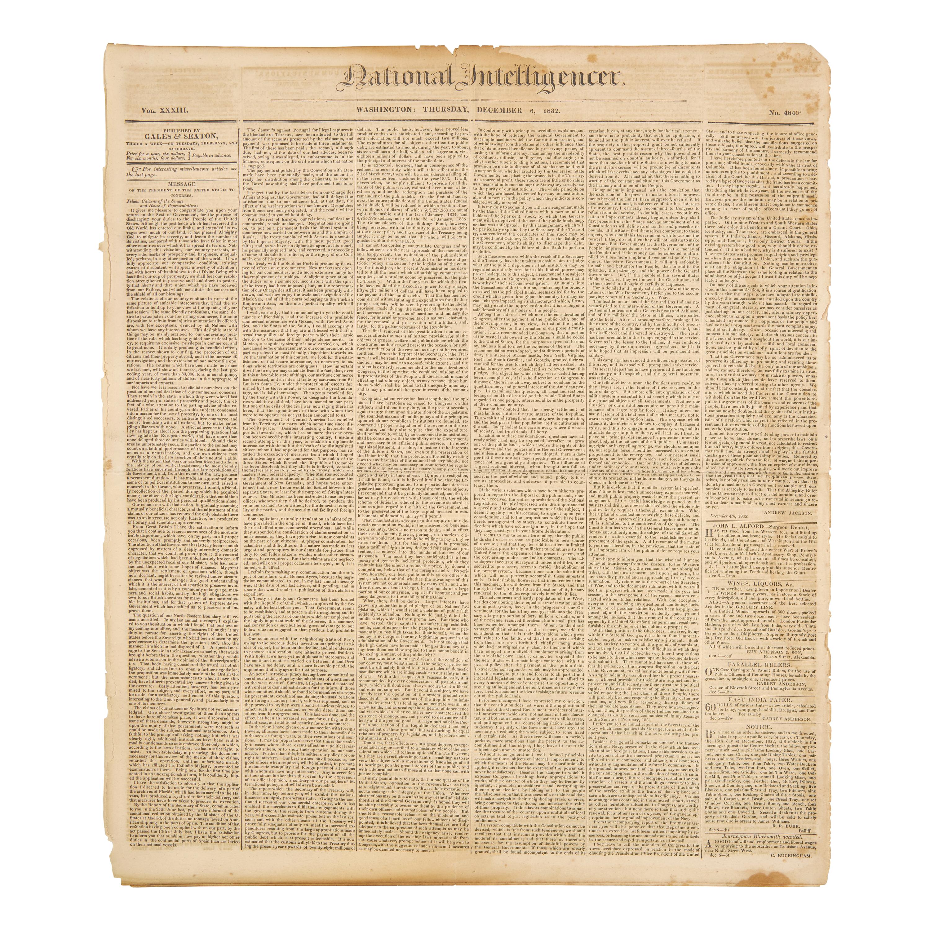 [Jackson, Andrew] Group of 2 Newspapers, Reporting on Jackson's Victory Over the British at New Orleans and His Fourth State of the Union Address