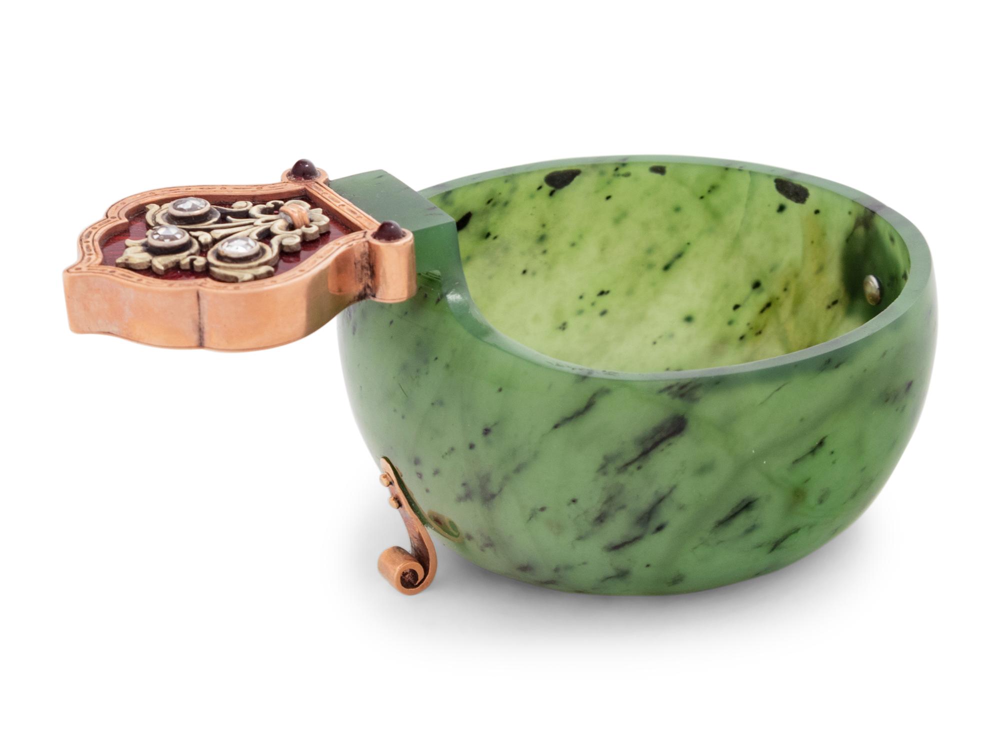 A Russian 14-Karat Gold, Enamel, Diamond and Paste Mounted Jade Kovsh