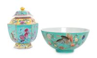 Two Turquoise Ground Famille Rose Porcelain Articles Diameter of bowl 7 5/8 inches. — LATE 19TH/20TH CENTURY