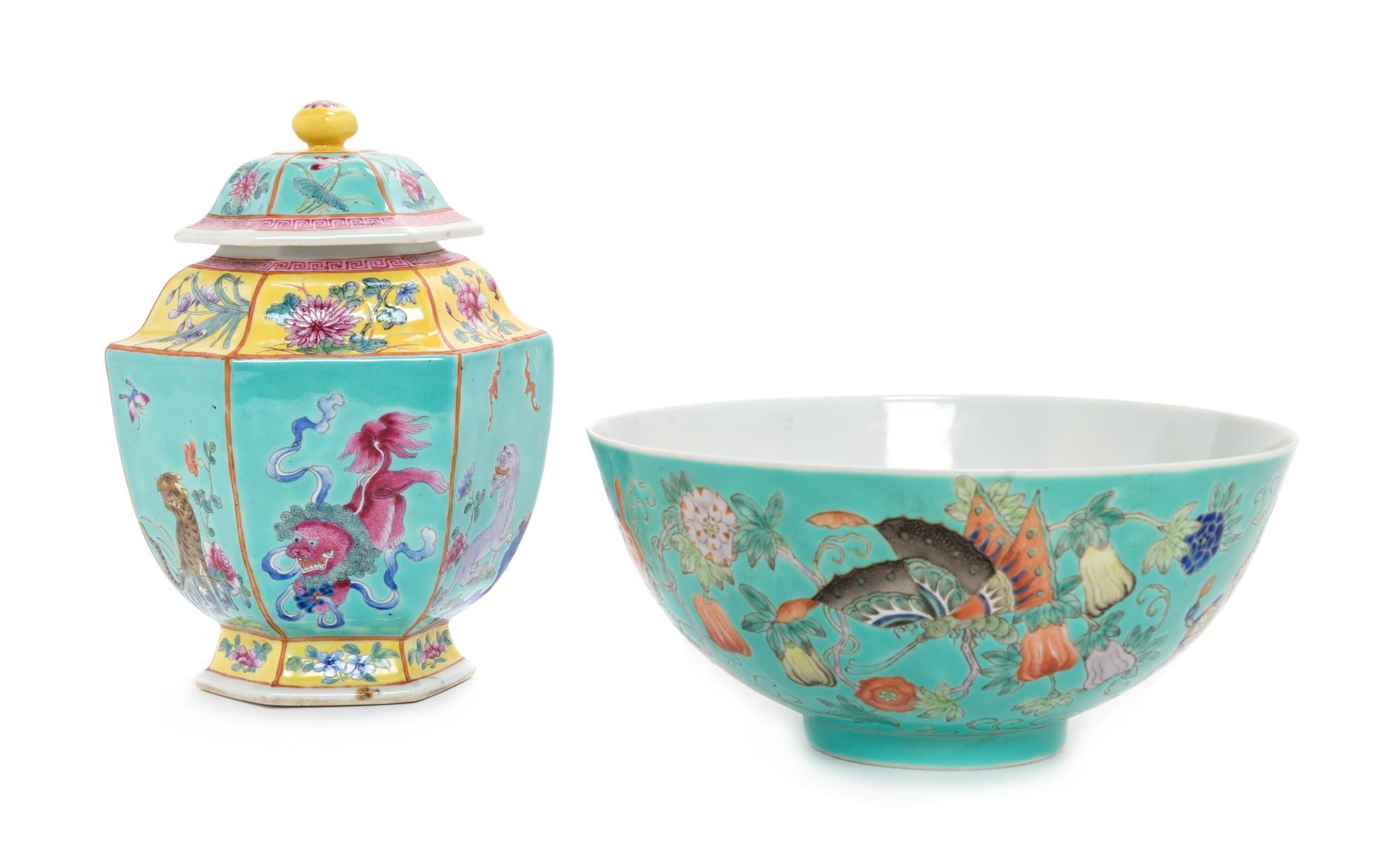Two Turquoise Ground Famille Rose Porcelain Articles Diameter of bowl 7 5/8 inches. — LATE 19TH/20TH CENTURY