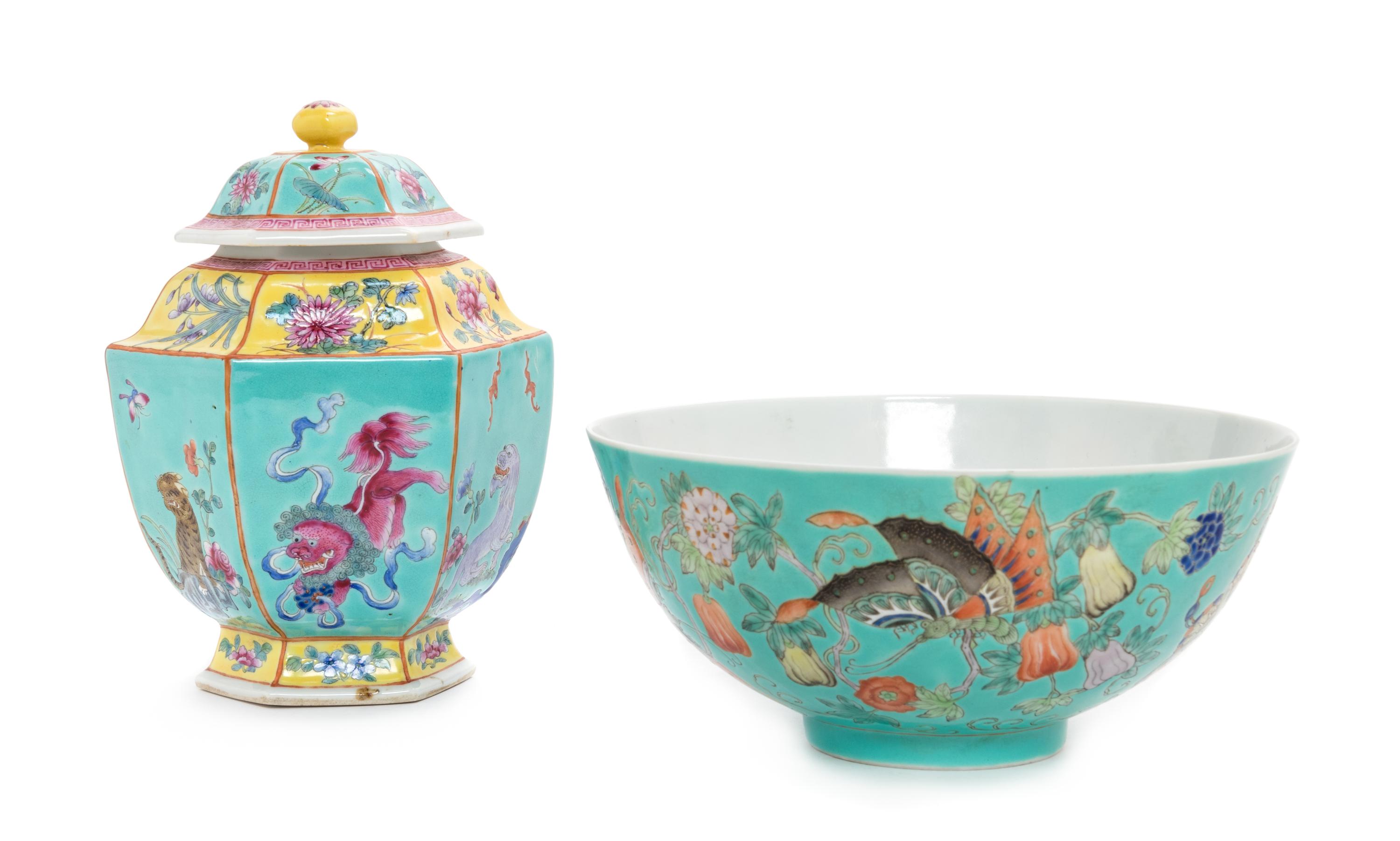 Two Turquoise Ground Famille Rose Porcelain Articles Diameter of bowl 7 5/8 inches. — LATE 19TH/20TH CENTURY