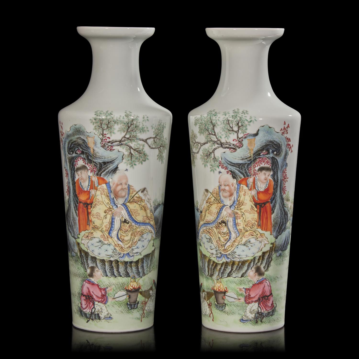 A Pair of Well-Painted Chinese Famille Rose Sleeve Vases, Possibly Republic Period 或為民國 粉彩高士圖賞瓶一對