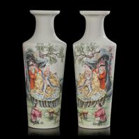 A Pair of Well-Painted Chinese Famille Rose Sleeve Vases, Possibly Republic Period 或為民國 粉彩高士圖賞瓶一對