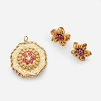 A Collection of 14K Ruby Earrings and Pendant