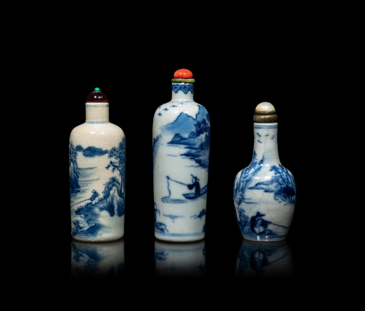 Three Chinese Blue and White Porcelain 'Fishing' Snuff Bottles