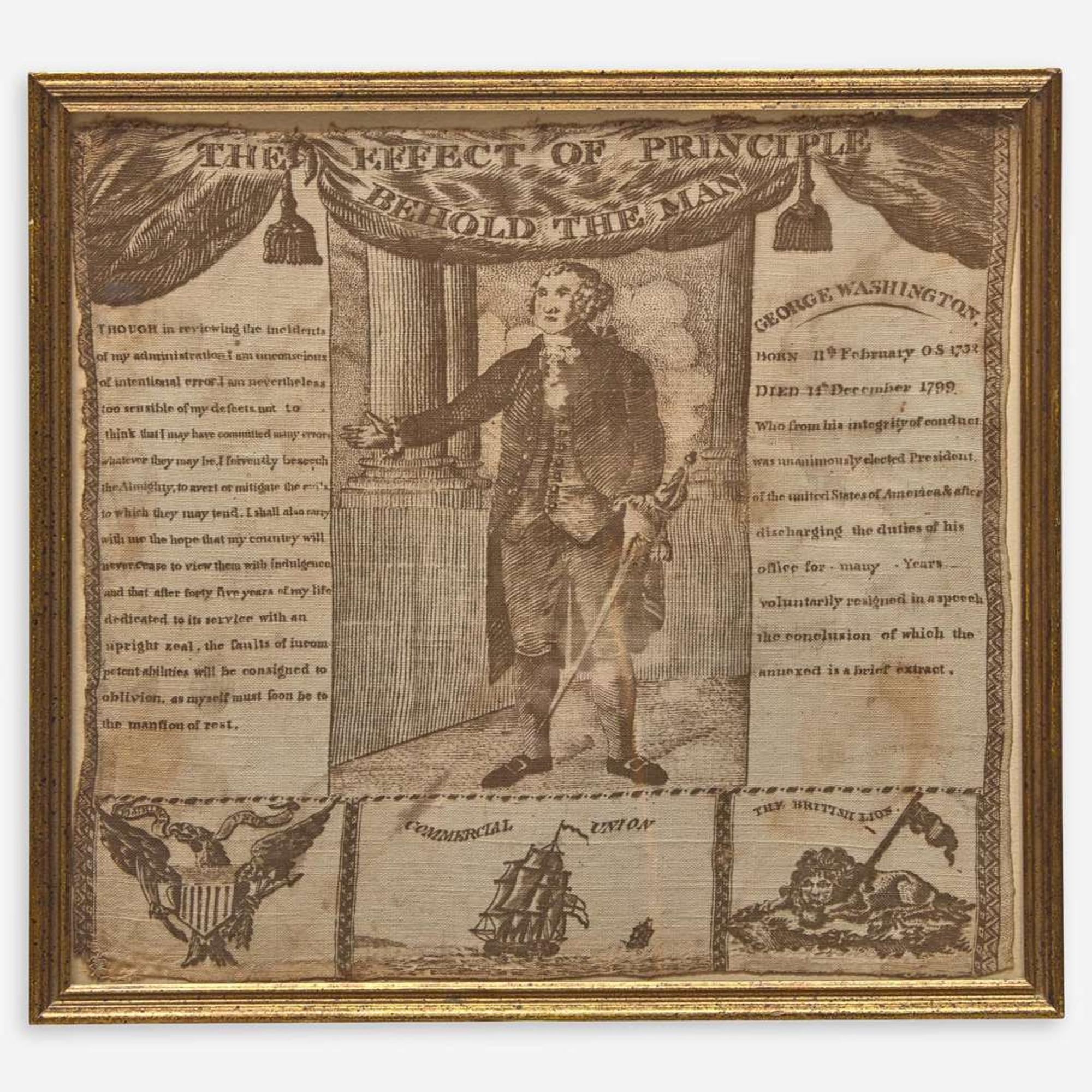 Two works: George Washington at the Altar of Liberty copperplate printed handkerchief and "The Effect of Principle" copperplate printed handkerchief The first, printed by Charles Gray or Colin Gillespie (Scottish), circa 1819, the second, Germantown Printing Co., PA, circa 1806