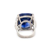 FRENCH, SYNTHETIC SAPPHIRE AND DIAMOND RING
