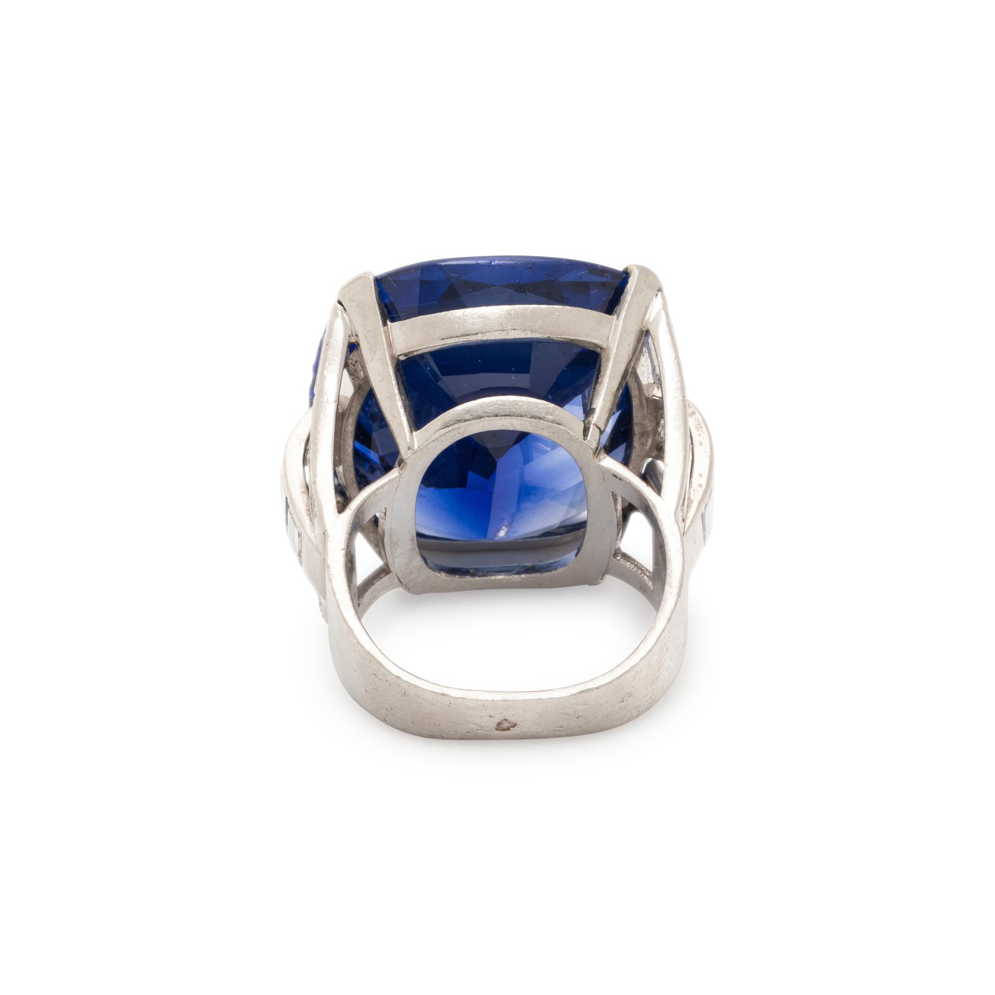 FRENCH, SYNTHETIC SAPPHIRE AND DIAMOND RING