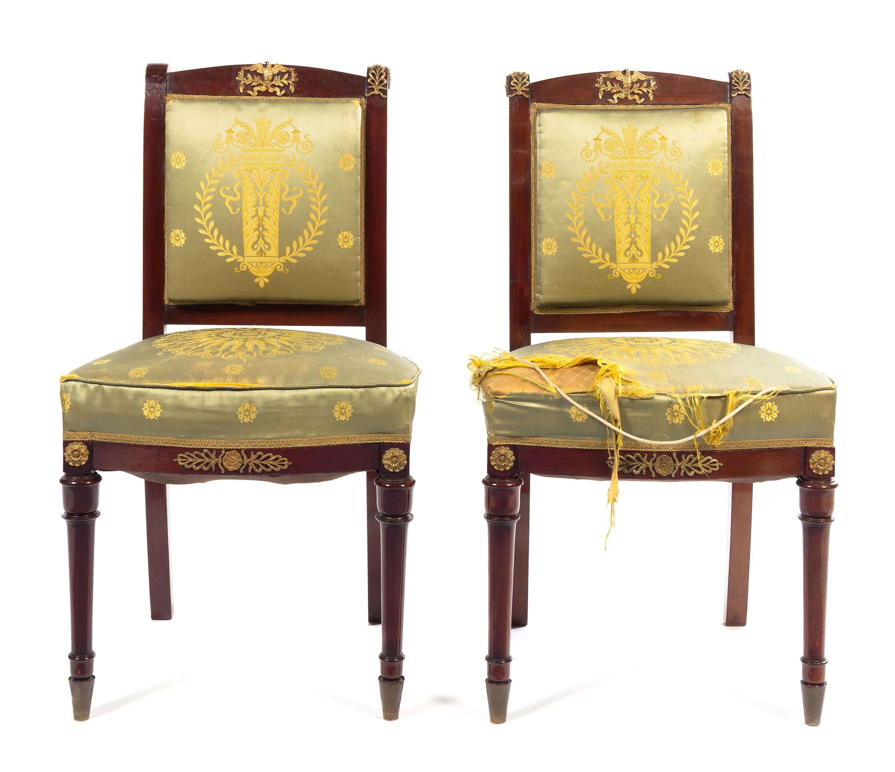 A Pair of Empire Style Gilt Bronze Mounted Mahogany Side Chairs Height 36 inches. — LATE 19TH CENTURY