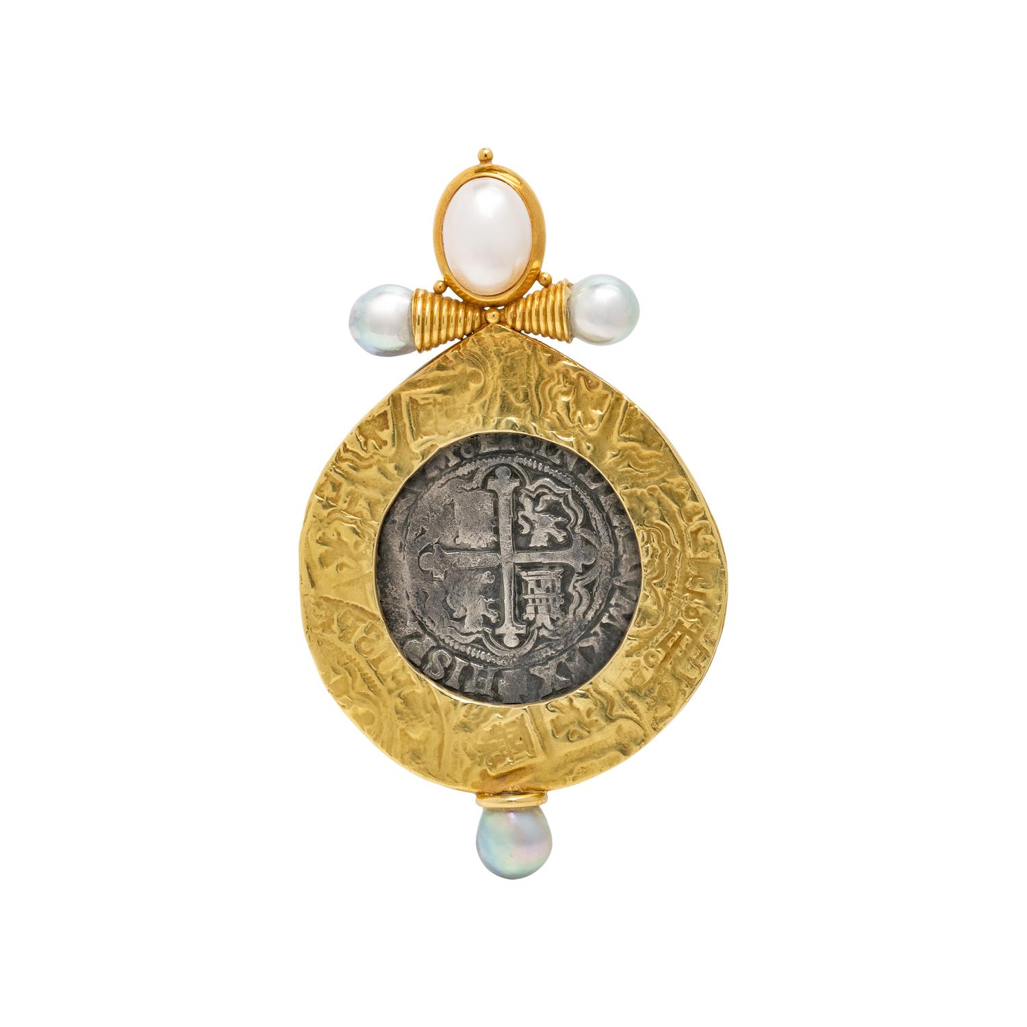 ELIZABETH GAGE, SPANISH COLONIAL COIN, CULTURED PEARL, AND YELLOW GOLD PENDANT BROOCH