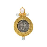 ELIZABETH GAGE, SPANISH COLONIAL COIN, CULTURED PEARL, AND YELLOW GOLD PENDANT BROOCH