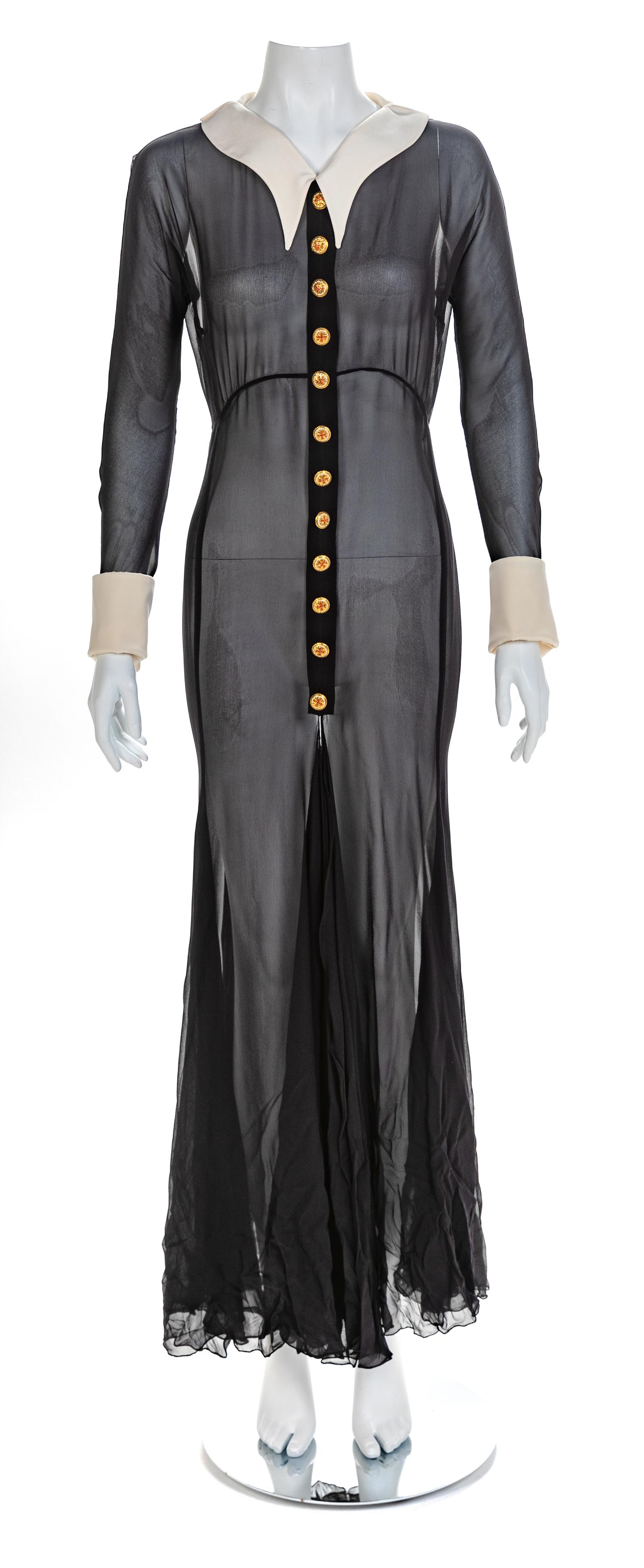 Atelier Versace Sheer Dress with White Cuffs and Goldtone, Enamel and Rhinestone Buttons, 1993