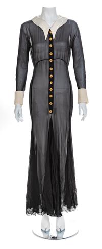 Atelier Versace Sheer Dress with White Cuffs and Goldtone, Enamel and Rhinestone Buttons, 1993