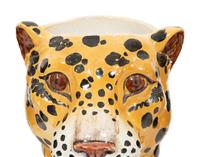 A Pair of Italian Glazed Terracotta Tiger Bookends and a Glazed Ceramic Leopard Head Jardiniere