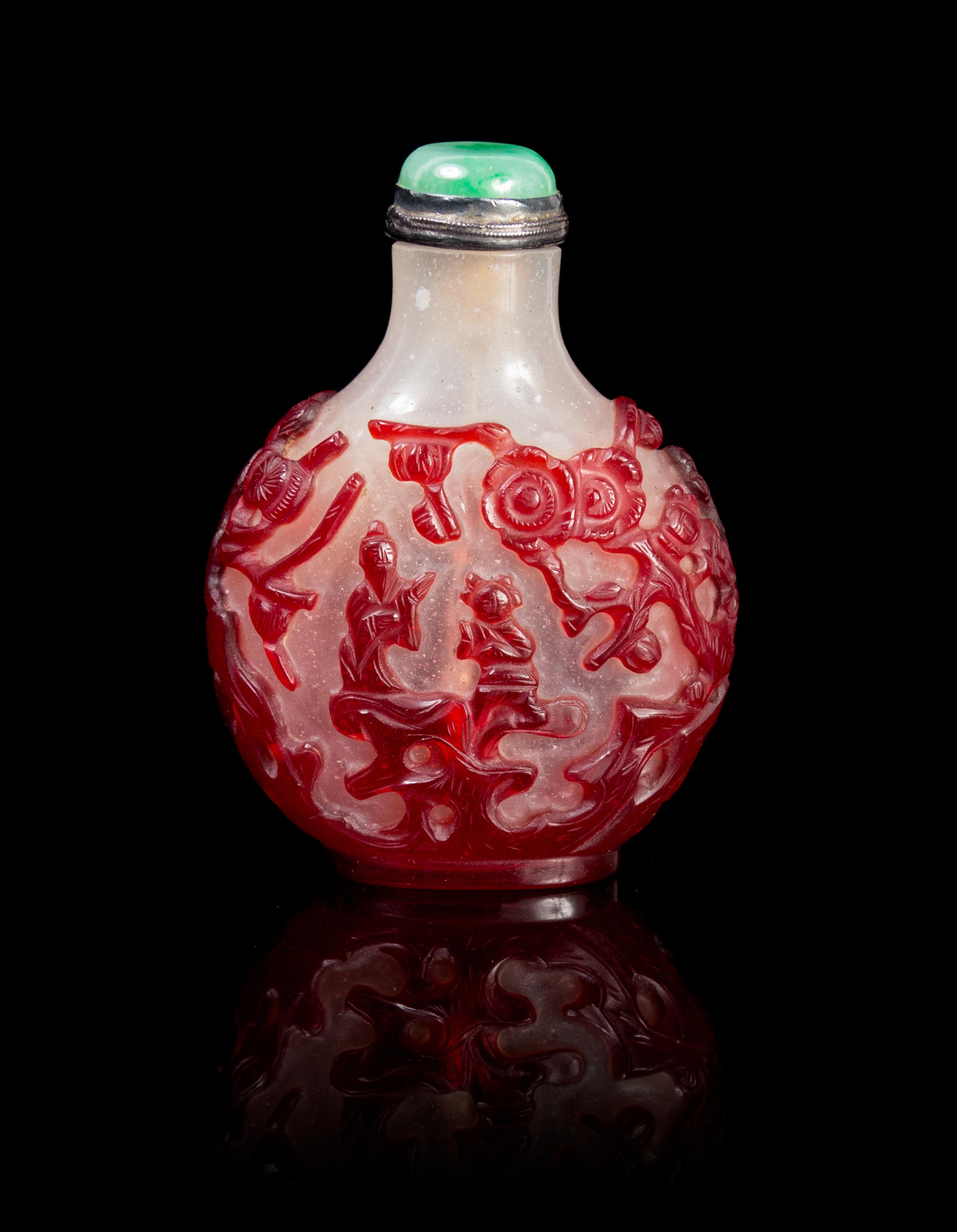 A Chinese Peking Glass Snuff Bottle 18TH/19TH CENTURY Height 3 x width 2 1/4 inches. — 18TH/19TH CENTURY