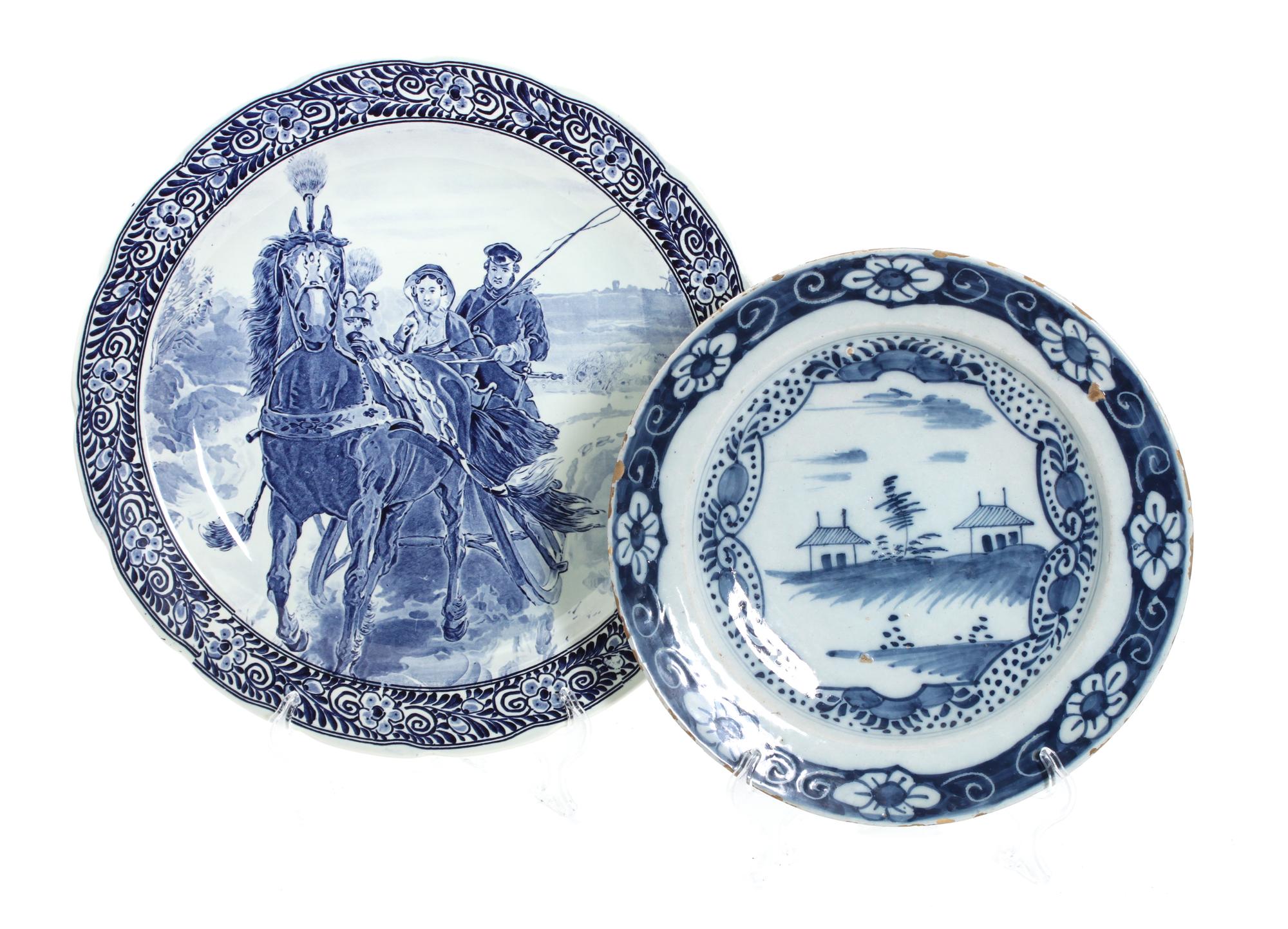 Five Blue and White Decorative Stoneware Platters Diameter 15 1/2 inches (largest)