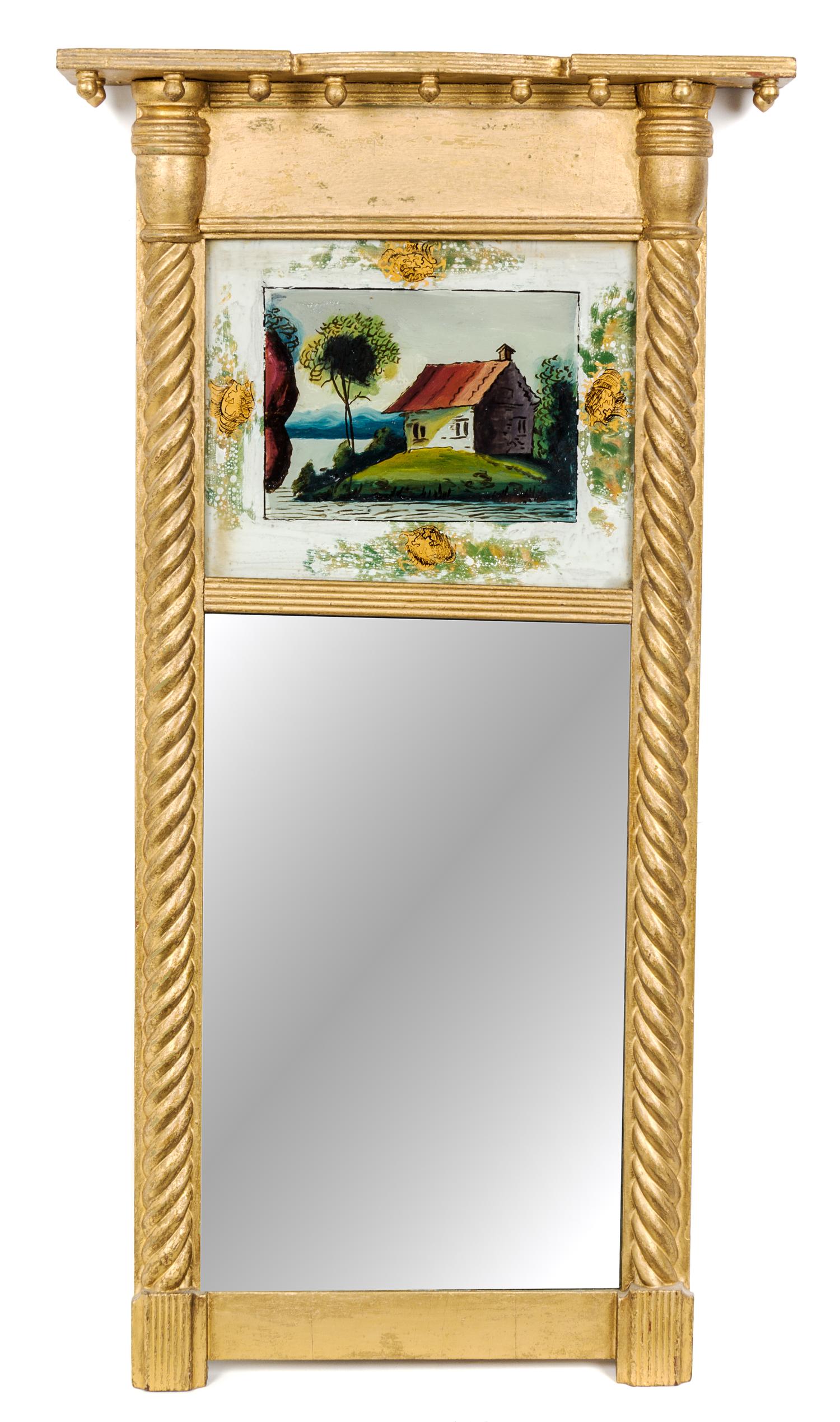 An American Giltwood and Eglomise Decorated Mirror Height 30 1/2 x width 16 inches. — 18TH/19TH CENTURY