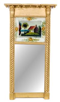 An American Giltwood and Eglomise Decorated Mirror Height 30 1/2 x width 16 inches. — 18TH/19TH CENTURY