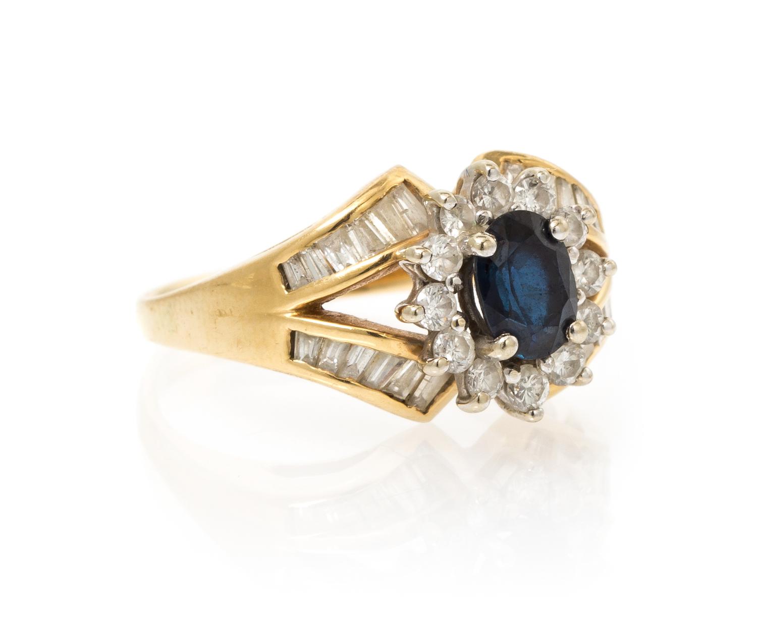 A 14 Karat Yellow Gold, Sapphire and Diamond Ring, 3.20 dwts.