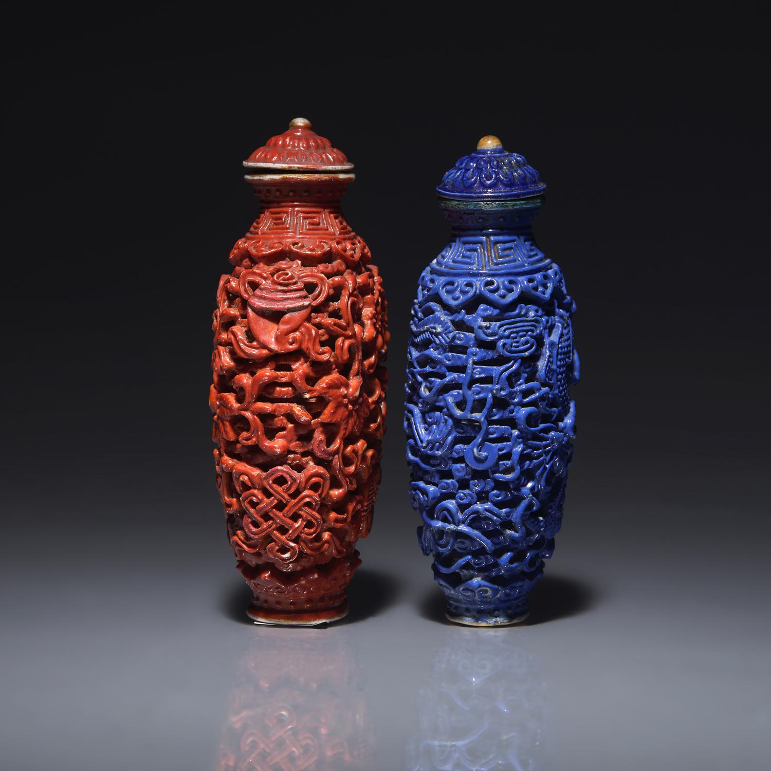 Two Chinese Molded and Enameled Porcelain Snuff Bottles, Possibly Jiaqing Period 或爲清嘉慶 瓷雕鼻烟壺兩支