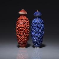 Two Chinese Molded and Enameled Porcelain Snuff Bottles, Possibly Jiaqing Period 或爲清嘉慶 瓷雕鼻烟壺兩支