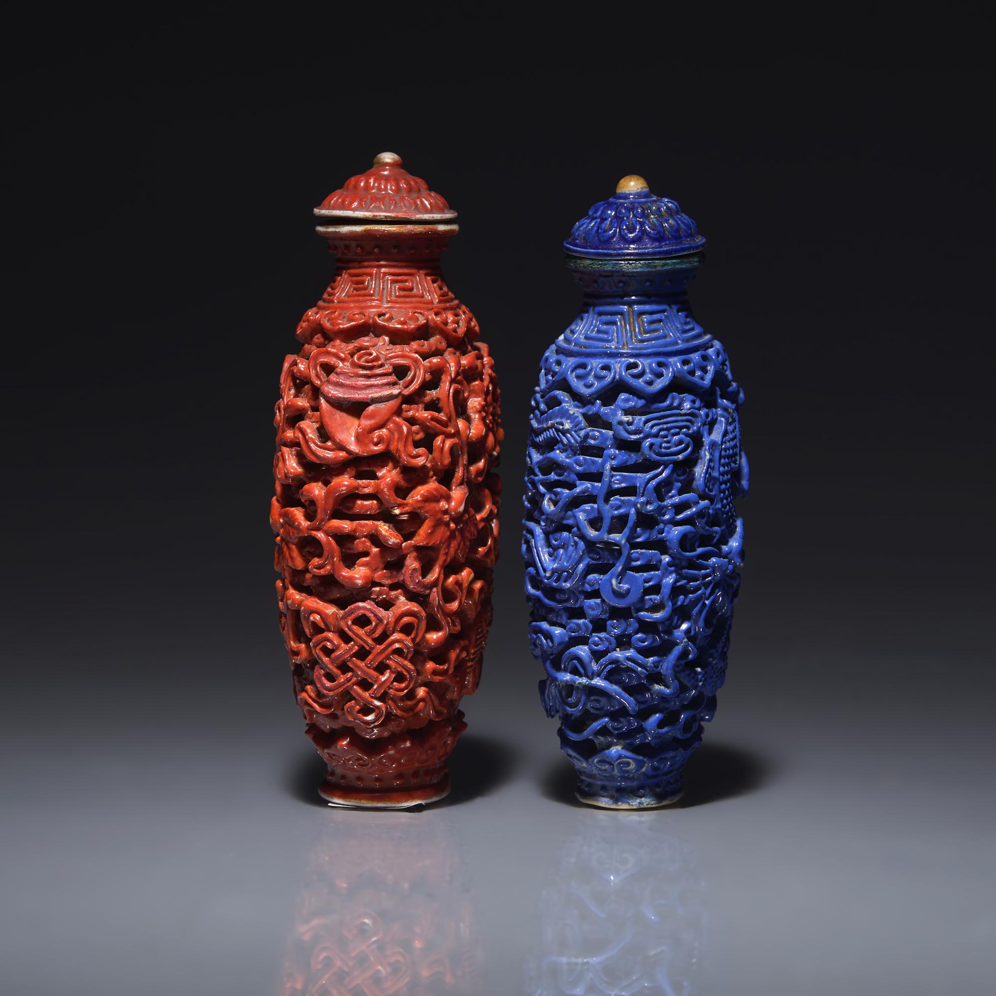 Two Chinese Molded and Enameled Porcelain Snuff Bottles, Possibly Jiaqing Period 或爲清嘉慶 瓷雕鼻烟壺兩支