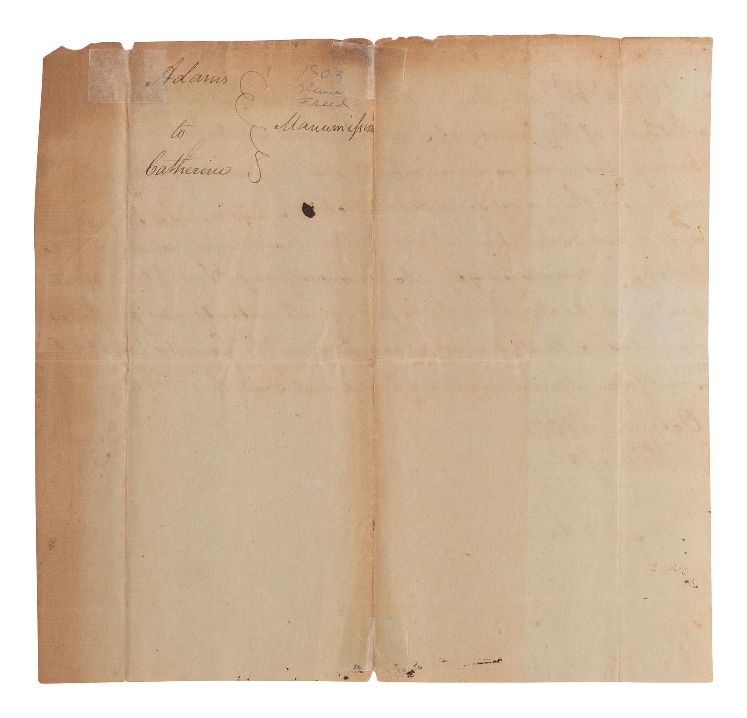 [ENSLAVEMENT]. Manuscript manumission for enslaved woman "Catharine." Fairfax Co., VA, 19 Oct. 1803.