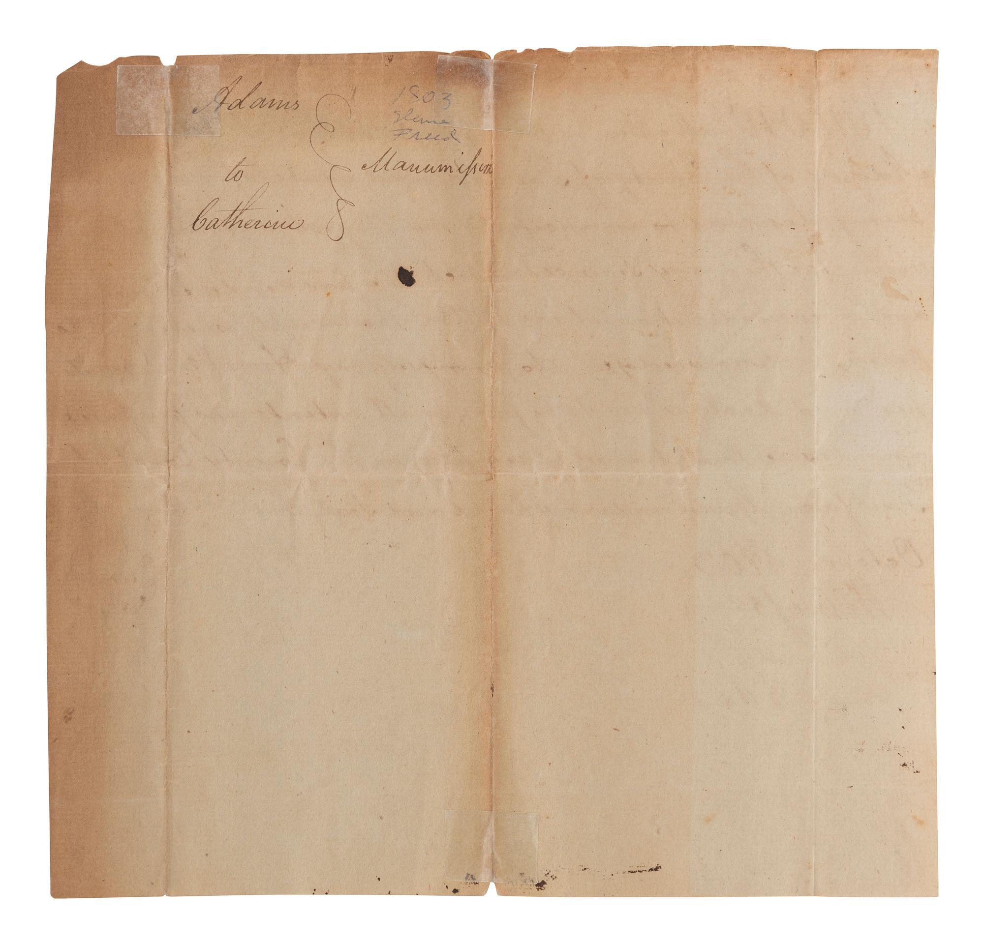 [ENSLAVEMENT]. Manuscript manumission for enslaved woman "Catharine." Fairfax Co., VA, 19 Oct. 1803.
