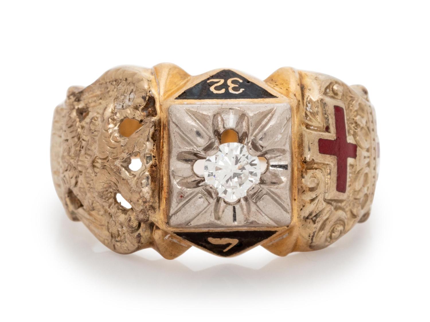 A 14 Karat Yellow Gold and Diamond Masonic Ring,