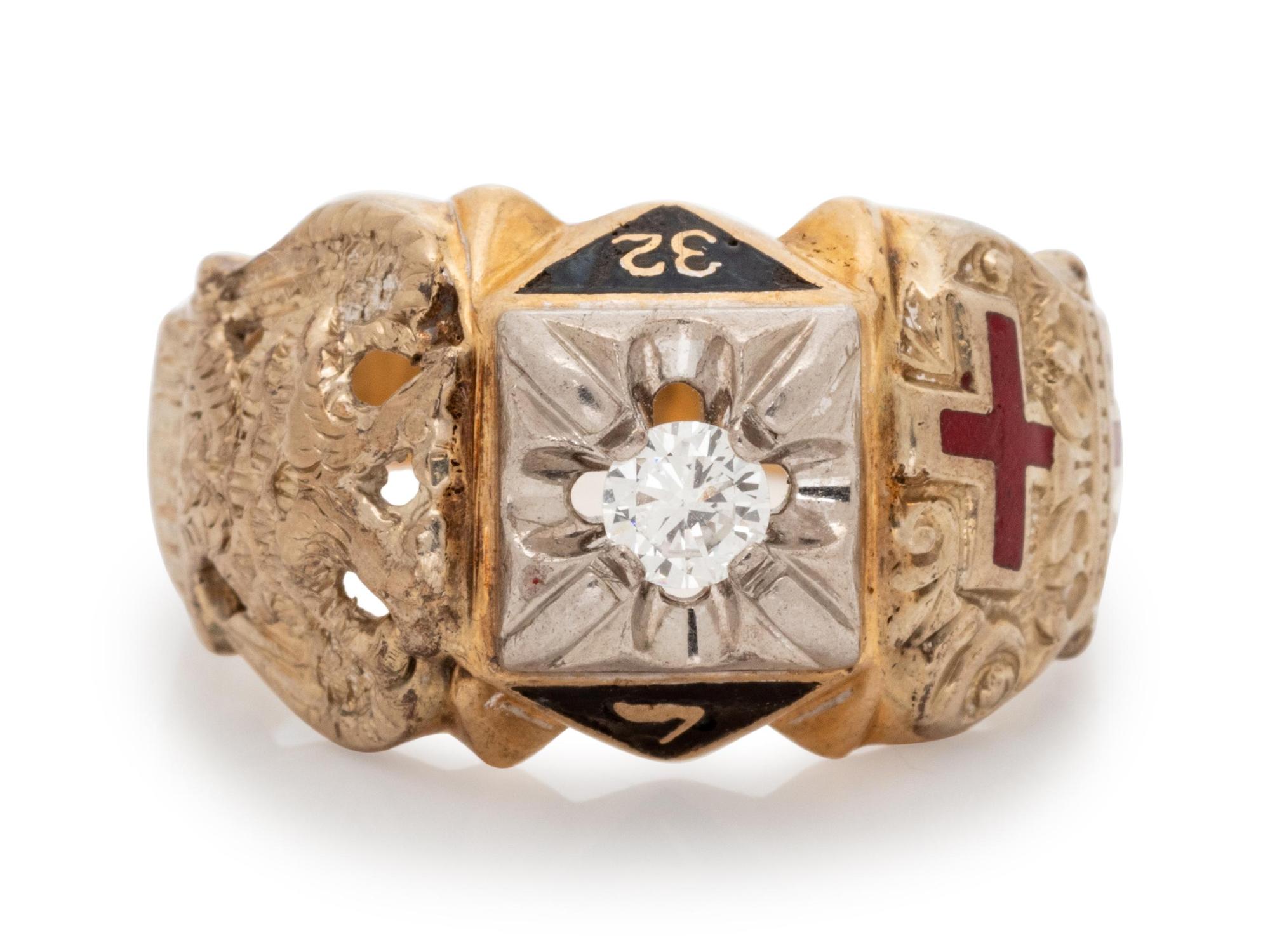 A 14 Karat Yellow Gold and Diamond Masonic Ring,