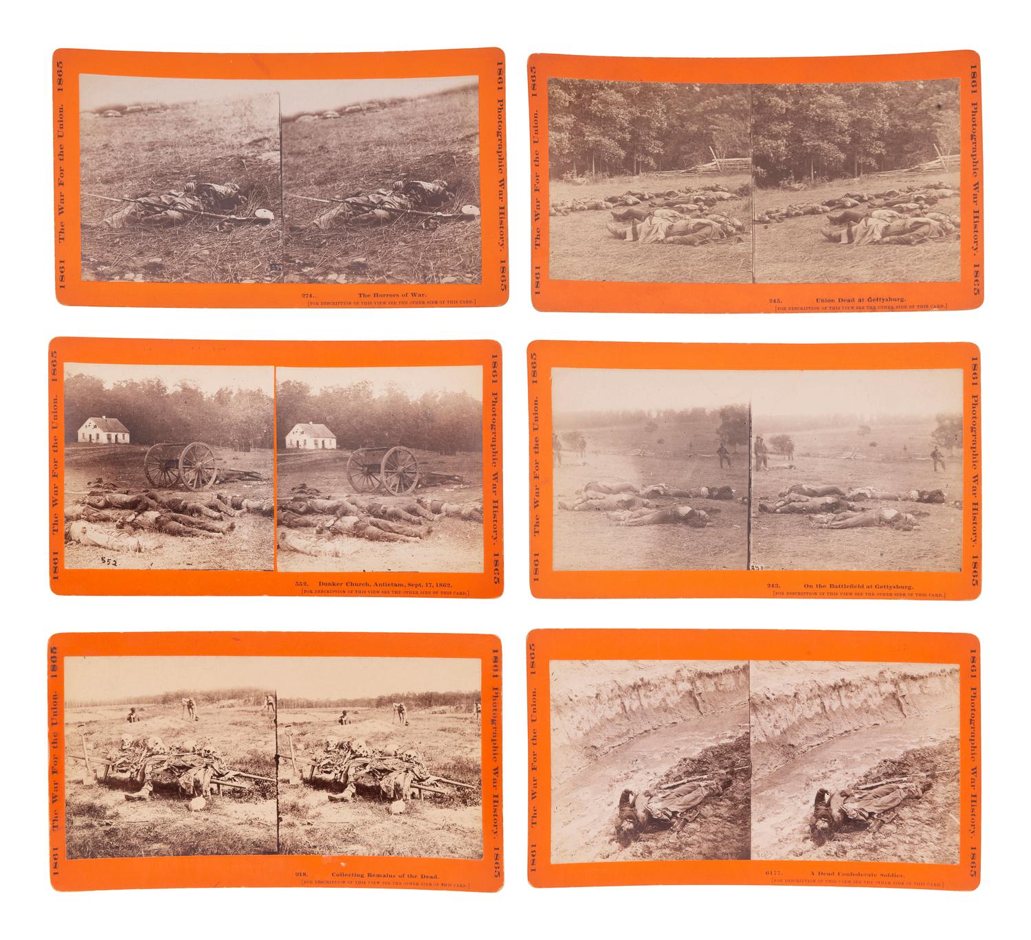 [CIVIL WAR]. A group of 12 stereoviews featuring Union and Confederate dead at Gettysburg, Antietam, and other battlefields. Hartford, CT: Taylor & Huntington, ca 1890s.
