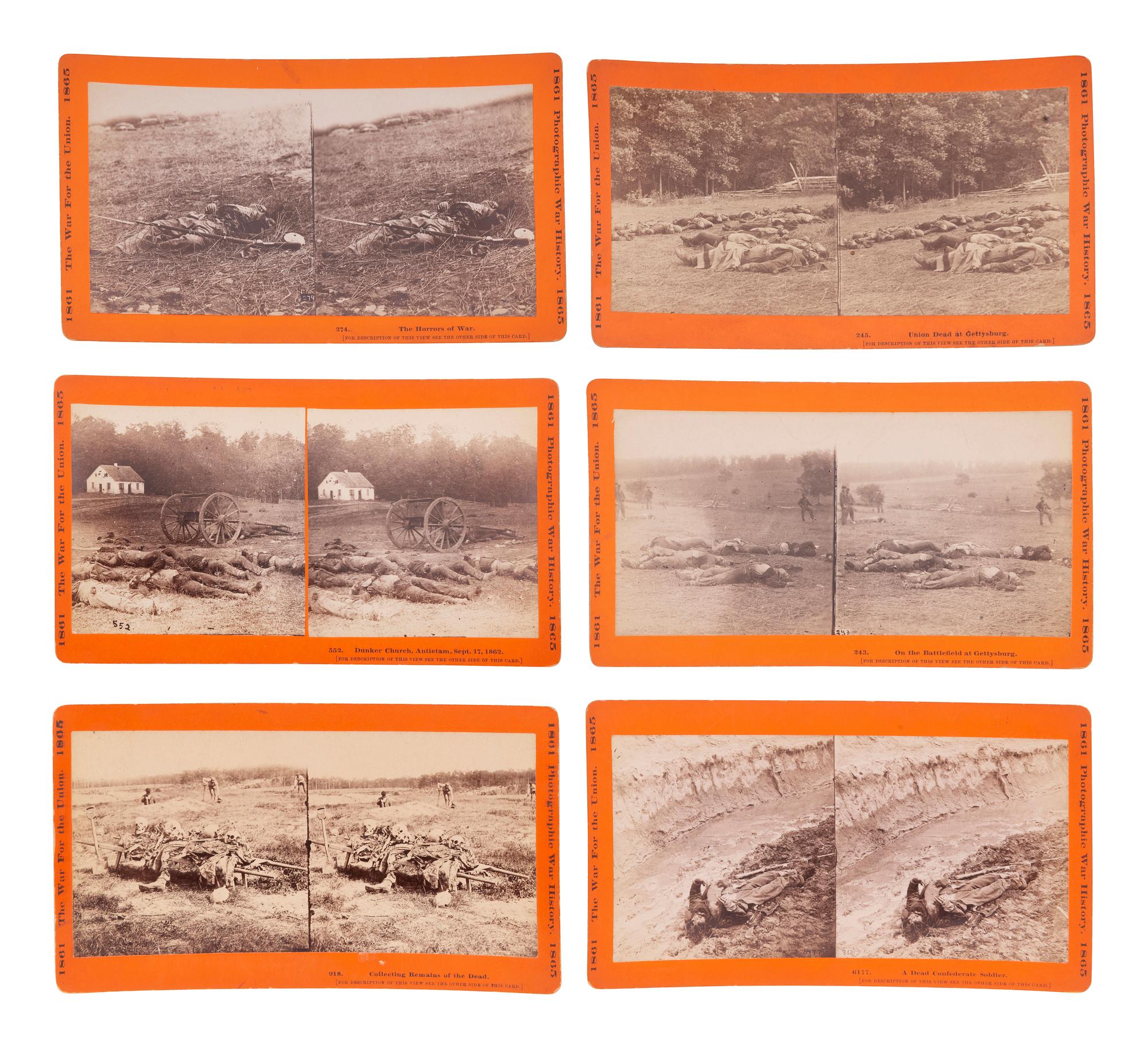 [CIVIL WAR]. A group of 12 stereoviews featuring Union and Confederate dead at Gettysburg, Antietam, and other battlefields. Hartford, CT: Taylor & Huntington, ca 1890s.